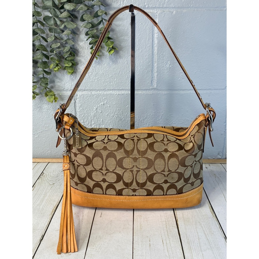 Coach 9363 East West Signature Canvas Small Hobo Bag Brown Tan Leather